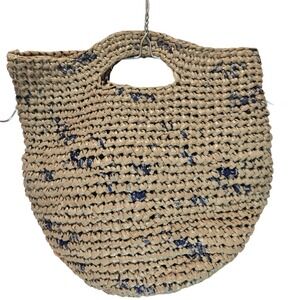 Woven Recycled Vintage Boho Plastic Tote Bag Beige Tan‎ Blue Speckled